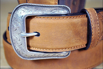 Rugged Tan Full-Grain Leather Belt Feathered Edge & Removable Silver Buckle